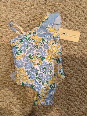 One-Shoulder Floral Kids Swimsuit in Blue & Yellow by SDS